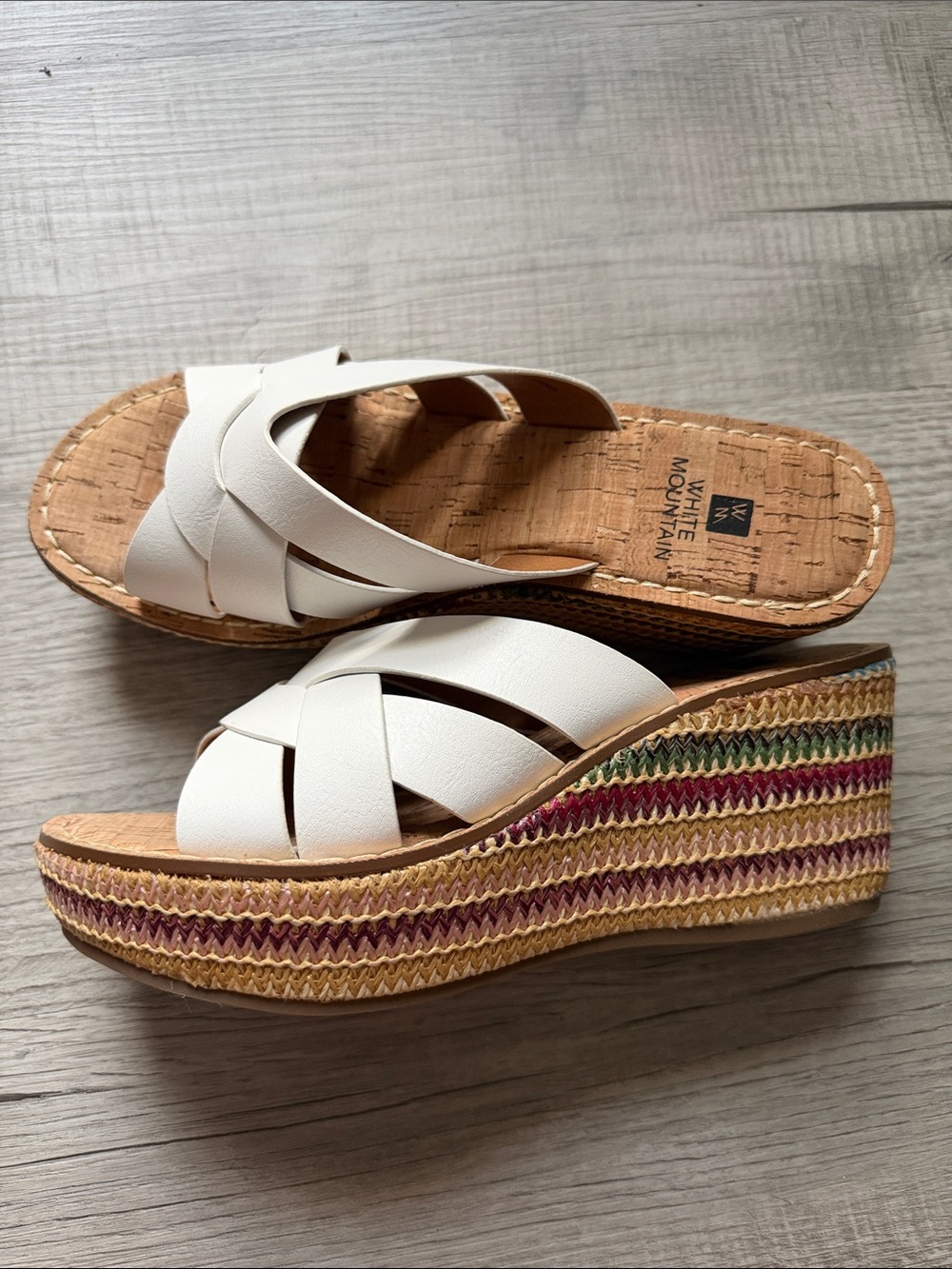 White Mountain White Crisscross Wedge Slides with Multicolor Braided Platform